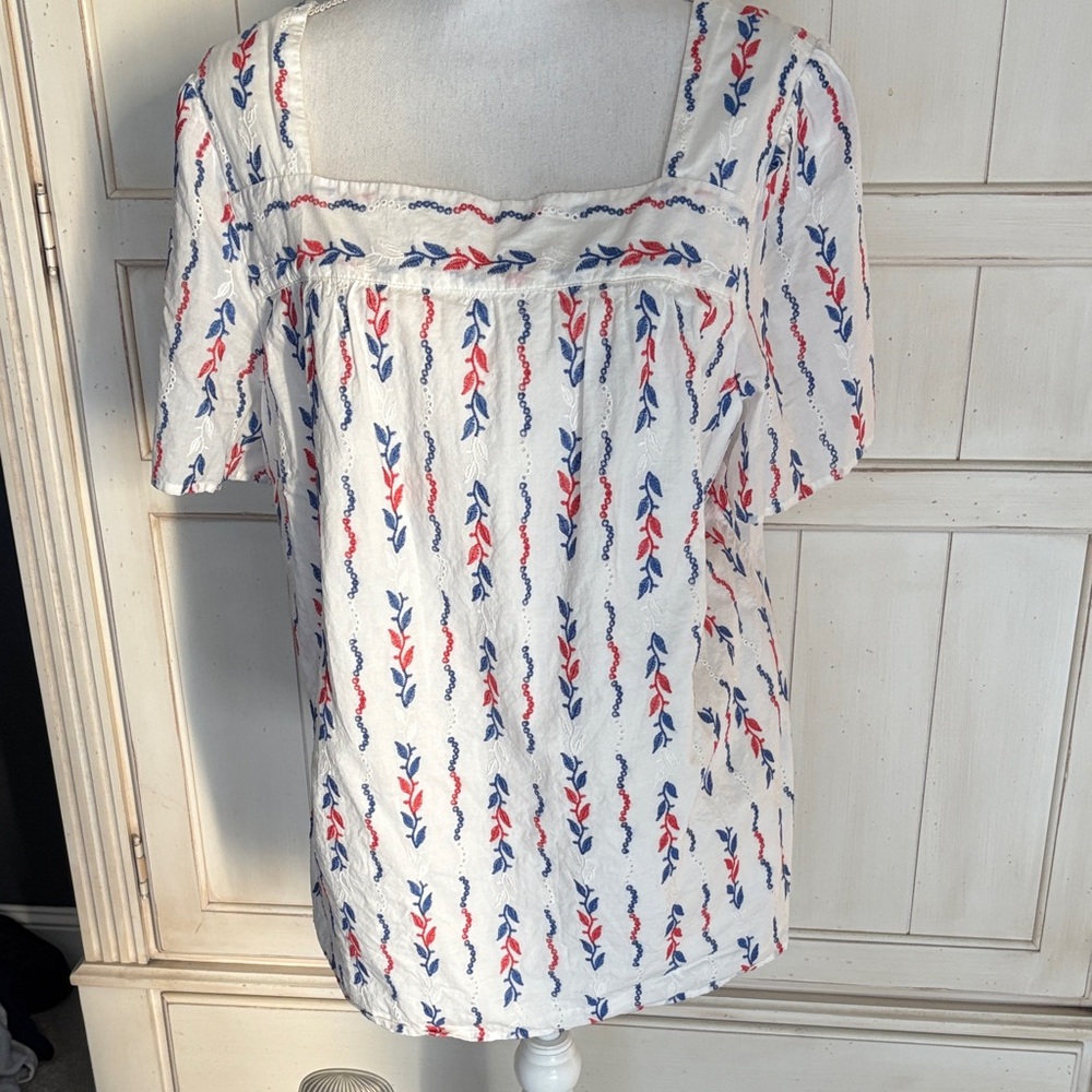 Talbots White Blouse with Red and Blue Leaf Pattern